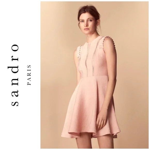 NWOT Sandro Paris Lace Inset Ruffle Dress in Blush FR 36; US 2-4 / Small - Picture 3 of 16